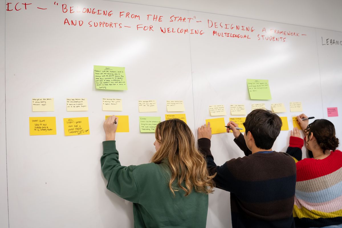 Three participants write on notes under the heading “Belonging from the start: designing a framework and supports for welcoming multilingual students”